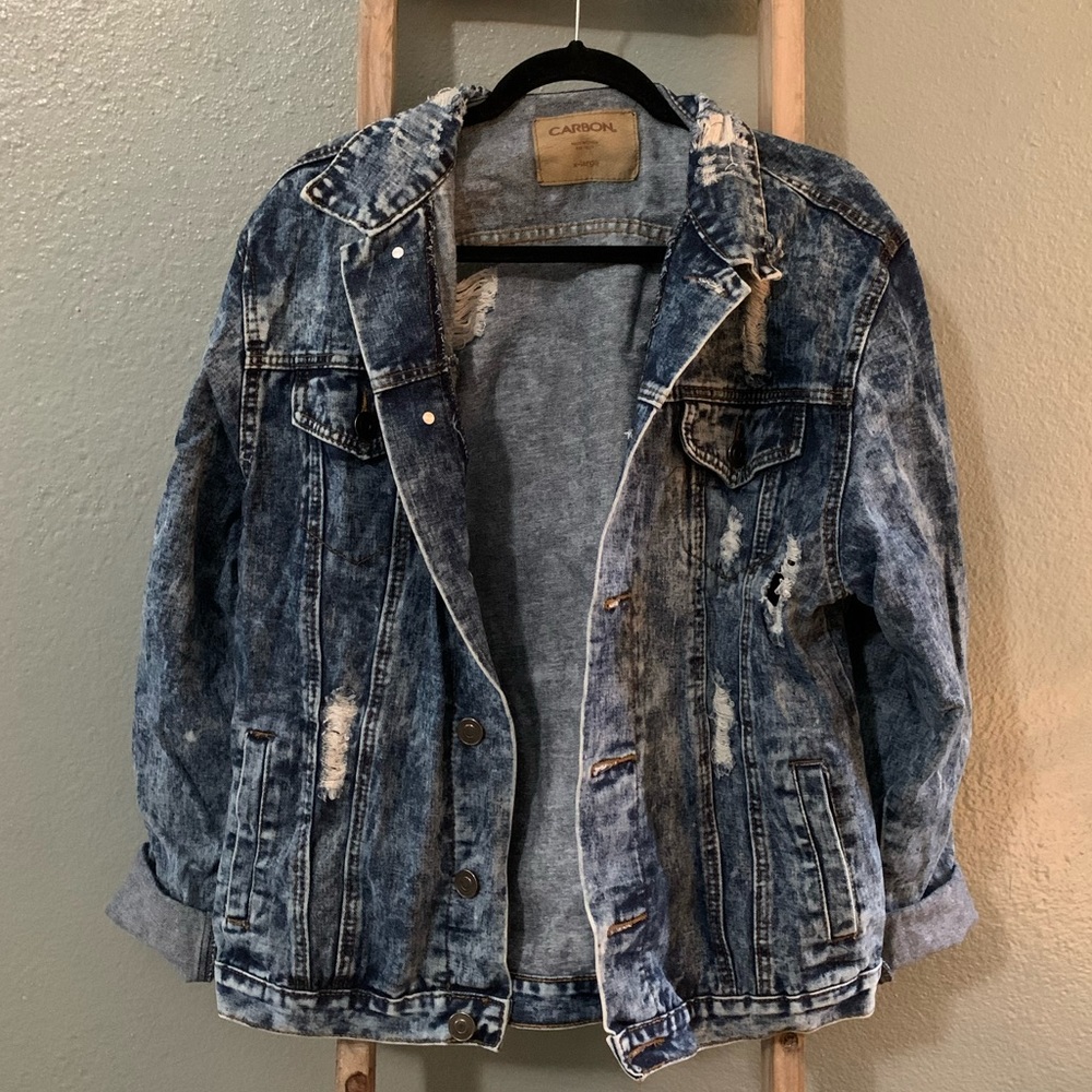 Distressed dark wash jean jacket